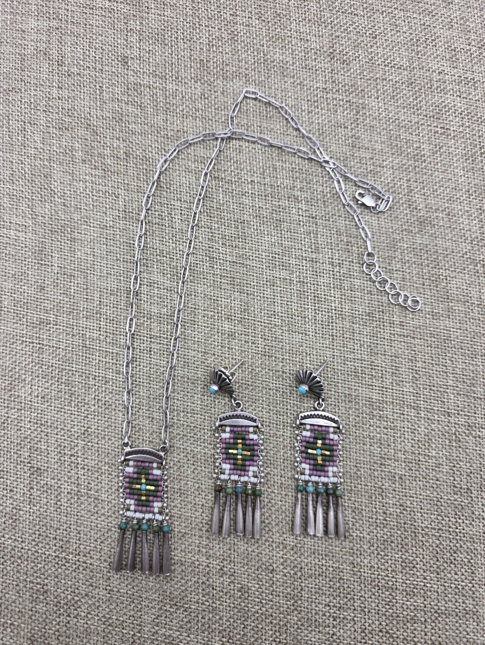 Sterling And Turquoise Beaded Pendant Necklace and Earrings Set
